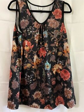 Chaos Monkey 2XL Floral Tank Top Black Botanical Print Pleated Scoop Neck